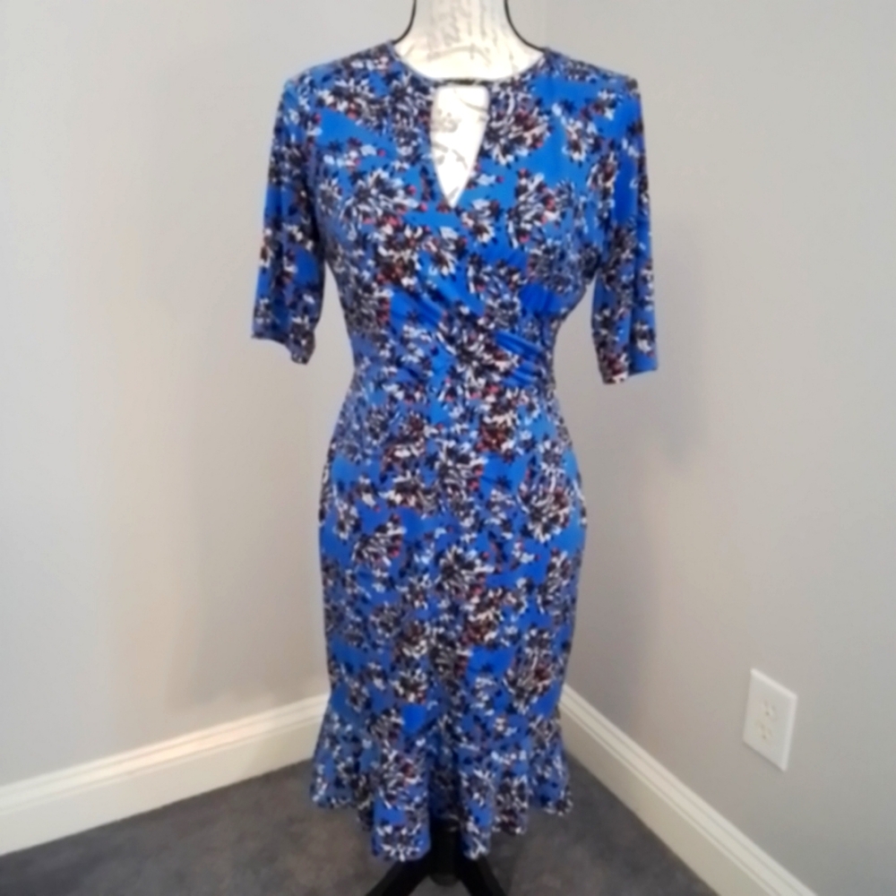 Taylor Faux Wrap Blue Floral Ruffle Hemline Midi Dress - 6